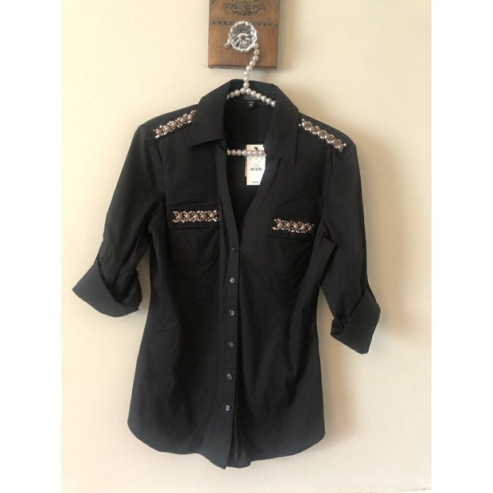 NWT Express Womens Size M Black Beaded Blouse Essential Stretch Roll Tab Sleeve